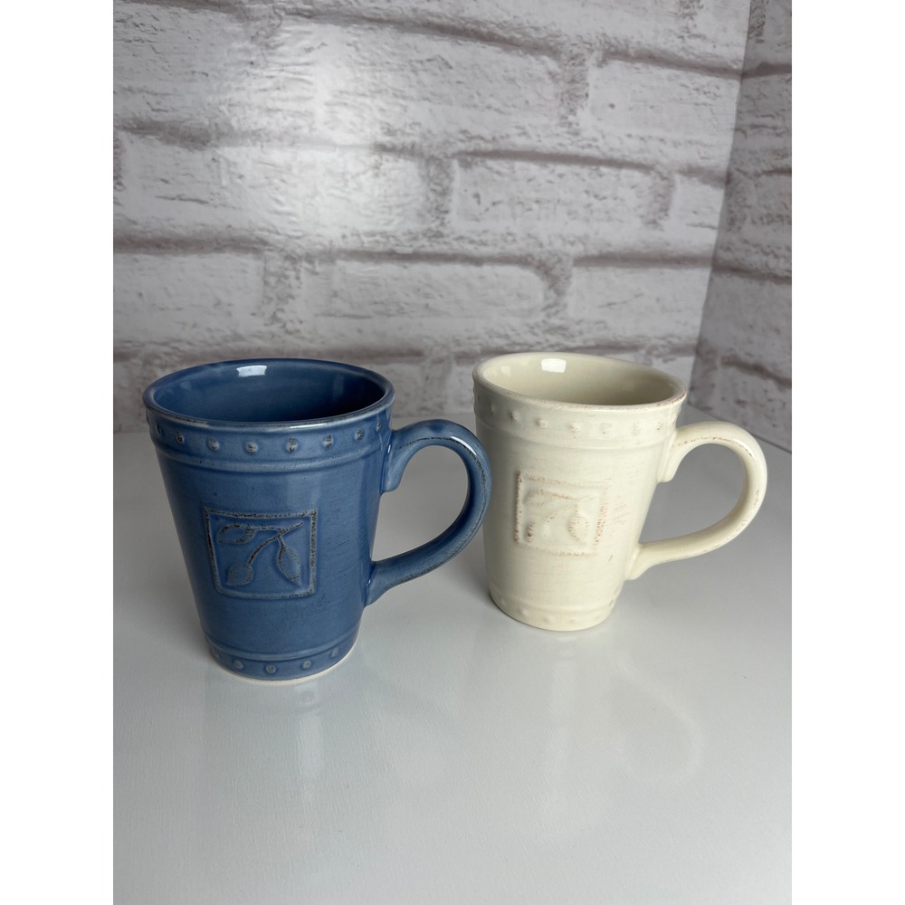 Vintage 2001 Signature Sorrento Debby Segura Stoneware Mugs Blue Ivory Set of 2